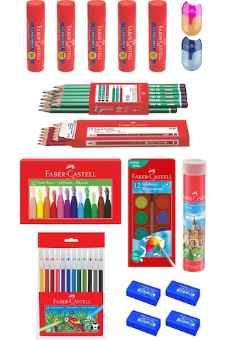 Faber-Castell 15 Parça Okul Öğrenci Seti,Boyama Seti,Yazı Seti,Stick Yapıştırıcı,Silgi,Kalemtıraş Donanımlı Set