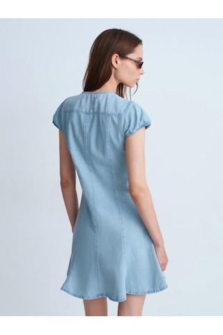Dilvin 90583 %100 Pamuk Çıtçıt Detaylı Denim Elbise-mavi