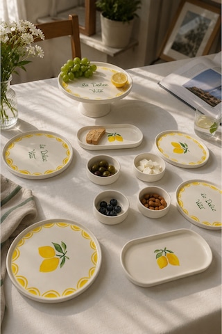 Vita Lemony 11 Parça 6 Kişilik Stackable Seramik Tabak Seti Sunum & Kahvaltı Takımı Ayaklı Sunum Standlı Kahvaltı Takımı Beyaz