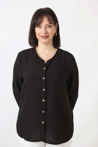 Moda Berray Sb-0169 Keten Kolu Apoletli Sıfır Yaka Büyük Beden Siyah Gömlek Siyah