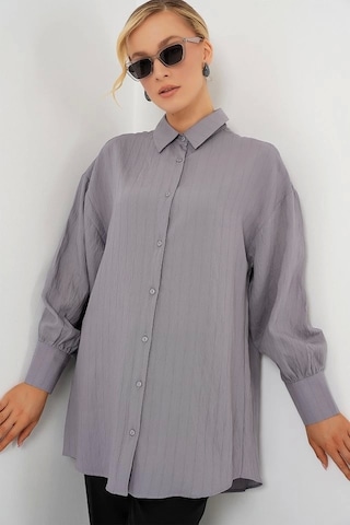 Defymoda Çizgili Uzun Gömlek Tunik 5963 - Gri Gri