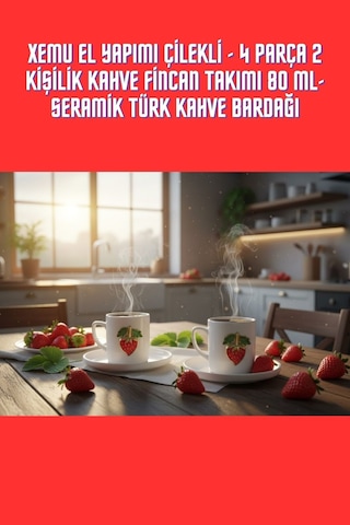 El Yapımı Çilekli - 4 Parça 2 Kişilik Kahve Fincan Takımı 80 Ml- Seramik Türk Kahve Bardağı Diğer