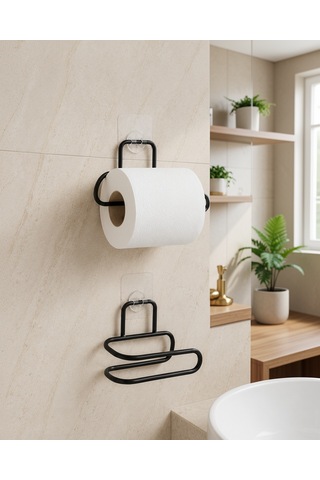 2'li Siyah Metal Yapışkanlı Duvar Tipi Rulo Kağıtlık Uczzdlynpltwcaskısı-1 Çok Renkli