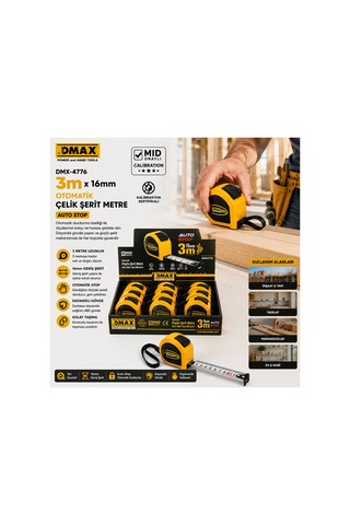 12 Adet 3mt X 16mm Otomatik Çelik Şerit Metre Stoplu 1 M