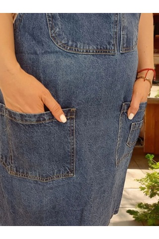 Kot Kumaş Boyundan Askılı Çok Cepli Mutfak Önlüğü Mavi S