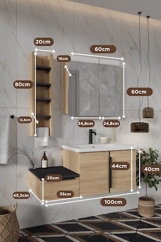 Zakkum 100 Cm %100 Mdf Lavabolu Banyo Dolabı Lefkas Meşe