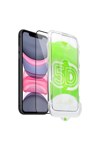 İphone 11-xr Uyumlu Kolay Uygulama Aparatlı Siyah Çerçeveli Tam Kapatan Cam Ekran Koruyucu