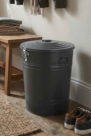40 Litre Kilitli Kapaklı Metal Çöp Kovası Ve Dekoratif Çamaşır Sepeti Antrasit