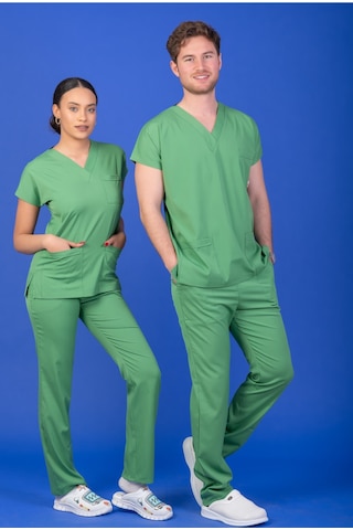 Tek Üst Unisex Kalıp Fıstık Yeşili Likralı Hemşire / Doktor Forması Scrubs Yeşil