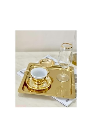 Lüx Paslanmaz Çelik Kare 6'li Gold Kahve, Çay, Nişan, Söz, Dekoratif Sunum Servis Tepsisi Çok Renkli