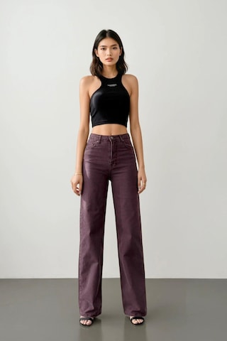 Lacarino 7869 Wide Leg Kadın Gül Baskılı Jean Pantolon Bordo