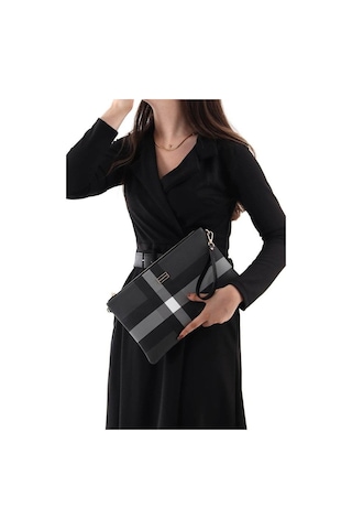 Silver Polo Siyah - Siyah Ekose Kadın Portföy Ve Clutch El Çantası Sp1034