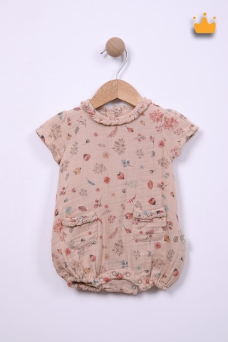 Babyhola Kız Bebek Kısa Müslin Tulum Pamuk Çiçek Baskılı 12049 Bej