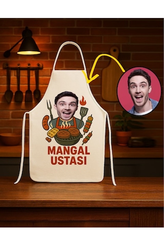 Kişiye Özel Karikatür Fotoğraflı Mutfak Önlüğü Mangal Ustası Krem