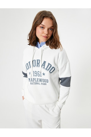 Koton Oversize Kolej Baskılı Sweatshirt Kapüşonlu Renk Bloklu Ekru 5wal10016ık Ekru