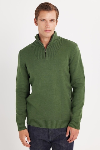 Tudors Erkek Slim Fit Dar Kesim Armürlü Fermuarlı Yeşil Dik Yaka Kazak-34920 Yeşil