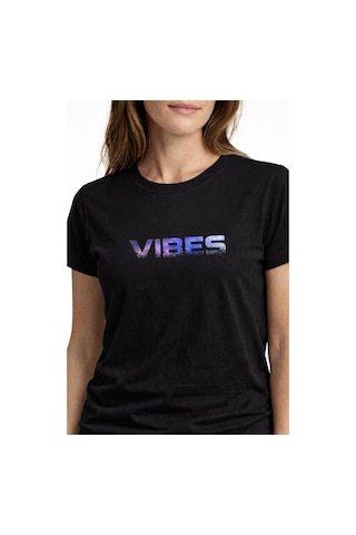 Vibes Typography Baskılı Unisex Tişört %100 Pamuk Oversize Bisiklet Yaka Günlük T-shirt Siyah