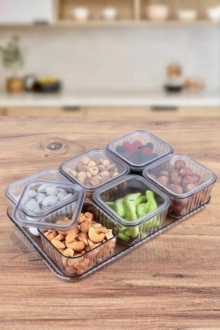 Kapris Seti-F-602 Midi Mix Kapaklı Tepsili Akrilik Kahvaltılık ve Sunum Seti Parça Şeffaf