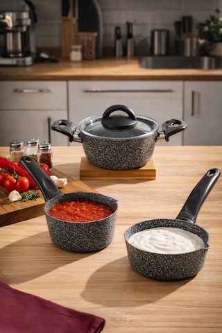 Porsima 4399 4 Parça Kaçerola Sosluk Sütlük Mini Granit Tencere Sahan Seti Gri 14cm Gri