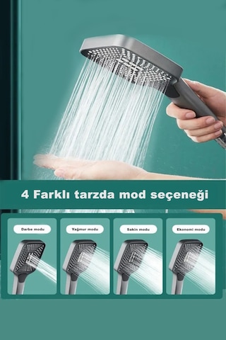 Oecanwhisper 4 Fonksiyonlu Su Tasarruflu Sağlam Yapılı Kaliteli Mat Gümüş Gri Kare Banyo Duş Başlığı Krom