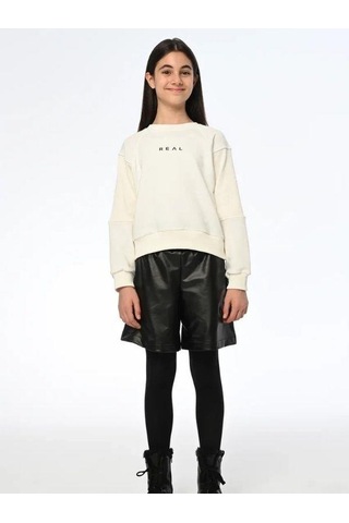 Kız Çocuk Real Yazılı Kısa Sweatshirt-13540 Ekru