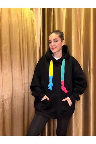 Ali Butik Renkli Kordon Detaylı Siyah Sweatshirt Siyah