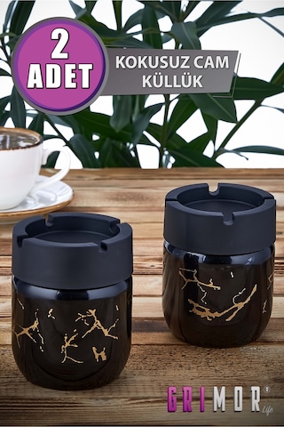 Grimorlife 2 Adet Siyah Bronz Mermer Desenli Dekoratif Cam Kokusuz Küllük Kül Tablası Seti 425 Cc