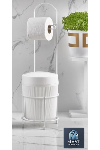 Kovalı Tuvalet Kağıtlığı, Çöp Kovalı Tuvalet Kağıdı Askısı, Banyo Çöp Kovası, Tuvalet Kağıtlık Beyaz
