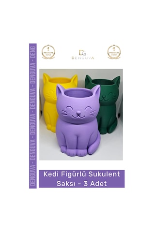 Sukulentsaksısı Dekoratif Renkli 11 Cm Home Ofis 3d Baskı Kedi Figürlü Sukulent Saksı - 3 Adet