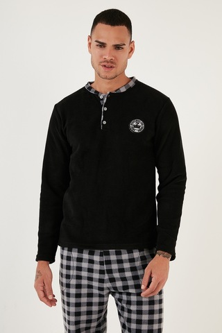 Buratti Ekoseli Regular Fit Düğmeli Bisiklet Yaka Kışlık Polar Erkek Pijama Takımı 60961002 Siyah
