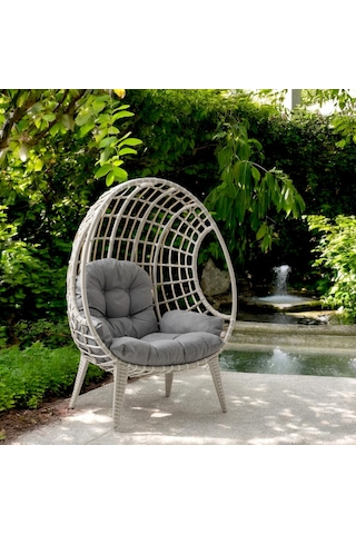 Egg Chair Tekli Rattan Bahçe Koluğu Rehome Minderli Oval Lounge Beyaz
