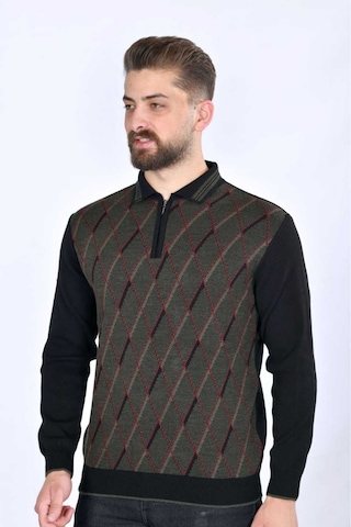 Kamalı Erkek Çelik Örgü Baklava Desenli Gömlek Yaka Fermuarlı Polo Yakalı Tüylenmez Triko Kışlık Baba Kazak Siyah