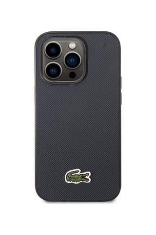 Apple Uyumlu iPhone 14 Pro Max Kılıf Lacoste Lisanslı Pu Pike Desenli İkonik Timsah Dokuma Logolu Lacivert