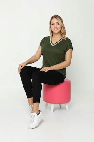 Yakası Taş Baskılı Bluz Haki Yeşil Haki