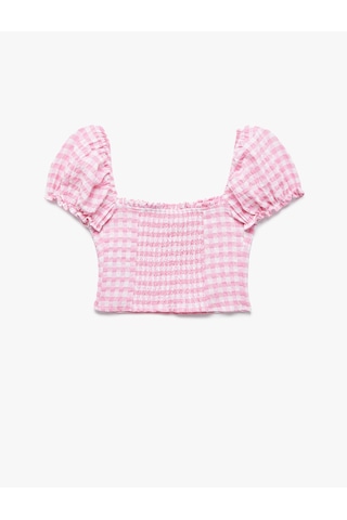 Koton Balon Kol Fırfırlı Yaka Gipeli Pötikareli Crop Bluz Pembe Ekose 5sal60108ıw Pembe Ekoseli
