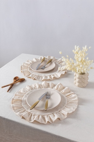 Wellstil Rufle 6'lı Keten Yuvarlak Amerikan Servisi 40cm Bej