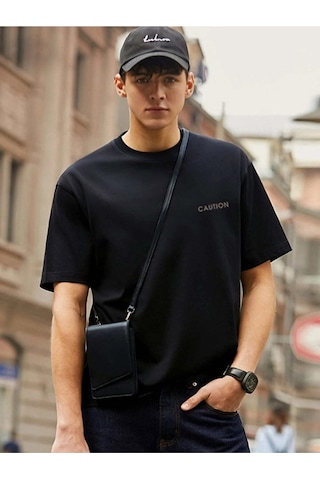 Erkek Siyah Oversize Caution Baskılı T-shirt Siyah