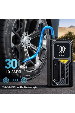 Taşınabilir Kablosuz Hava Kompresörü 150 Psı Lastik Şişirme Pompası 4000 Mah Powerbank Led Işıklı Dijital Ekran Siyah