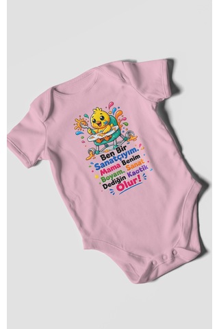 Morivokids Ben Bir Sanatçıyım Yazılı Kısa Kollu Bebek Body %100 Pamuk Koyu Pembe
