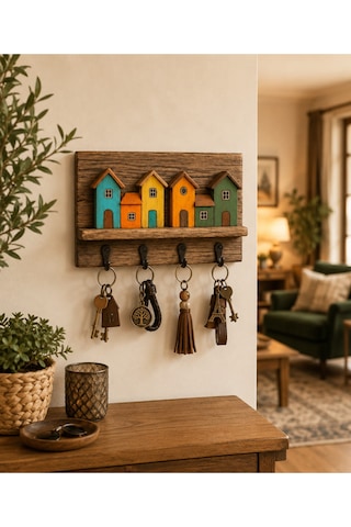 Dekoratif Ahşap Ev Figürlü Anahtarlık Askılığı 20x30 Cm 4 Kancalı Duvar Anahtarlığı Organizer Çok Renkli
