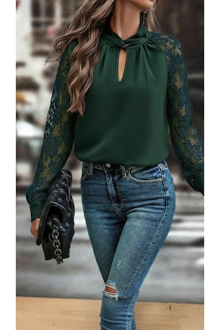 Tua Moda Kadın Uzun Kollu Göğüs Pencere Detay Yaka Boğazlı Kolları Tüllü Sandy Bluz Yeşil