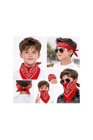 Geesglobal Kırmızı Kovboy Fuları Çocuk Bandana Western Desenli Boyun Fuları Çr
