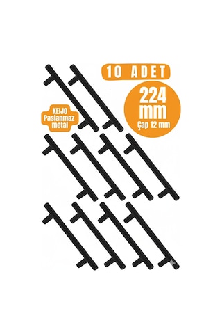 10 Adet Keijo Siyah 224mm Paslanmaz Kulp Mobilya, Dolap Kulbu, Kulp Modeli Mat Siyah