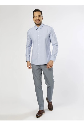 Fabrika Slim Fit Klasik Pamuklu Gömlek İtalyan Yaka Desenli Gömlek Mavi