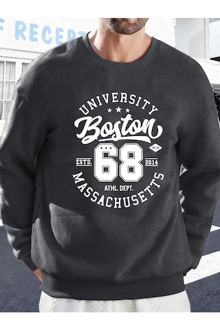 Üniversite Boston Massachusetts Baskılı Erkek Tişörtü Spor Bol Giysiler Yumuşak Rahat Kazakla Antrasit