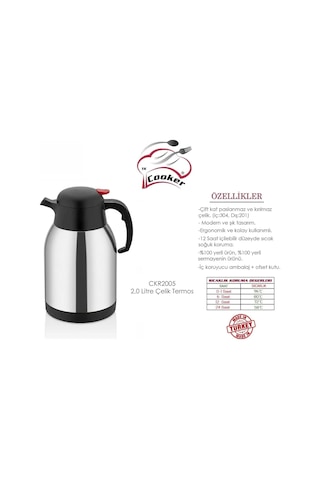 Cooker 2 Litre Lt Paslanmaz Inox Çelik Çay Termosu Ckr2005