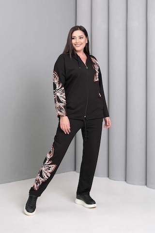 Kapüşonlu Fermuarlı Baskılı Takım Siyah