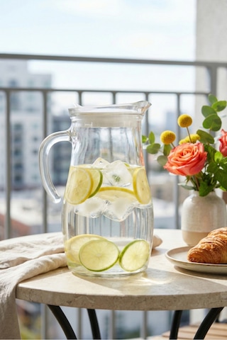 Lav Misket Cam Sürahi Tekli 1,8 L Kulplu Beyaz Plastik Kapaklı