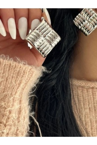 Vintage Kare Doku Geometrik Çelik Küpe Gümüş