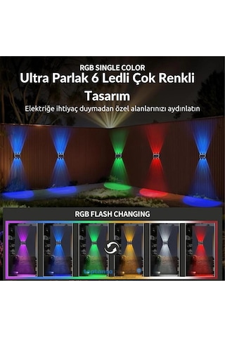 Technosmart 1adet Güneş Enerjili Çift Taraflı 6 Ledli Aplik Rgb Işık Duvar Lambası Bahçe Aydınlatma Diğer